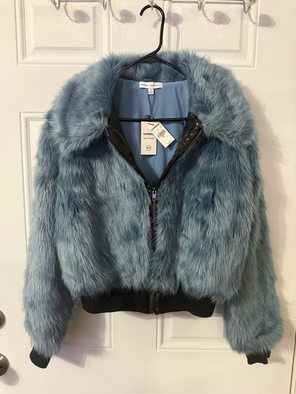 NWT Express x Negin Mirsalehi Blue Faux Fur Bomber Jacket Medium MSRP $178